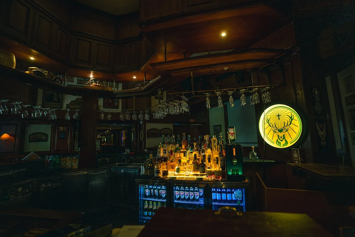 Cozy pub interior with wooden bar